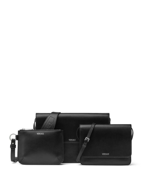 Versace Black Leather Messenger Bag Set for men
