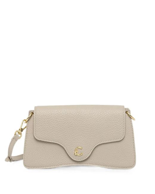 Coccinelle Natural Mini C-Me Logo-Plaque Pebbled-Leather Shoulder Bag