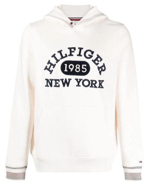 Tommy Hilfiger White Embroidered-Logo Cotton Hoodie for men