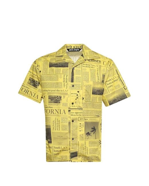 Palm Angels Yellow X La Times Newspaper Short-Sleeve Shirt for men