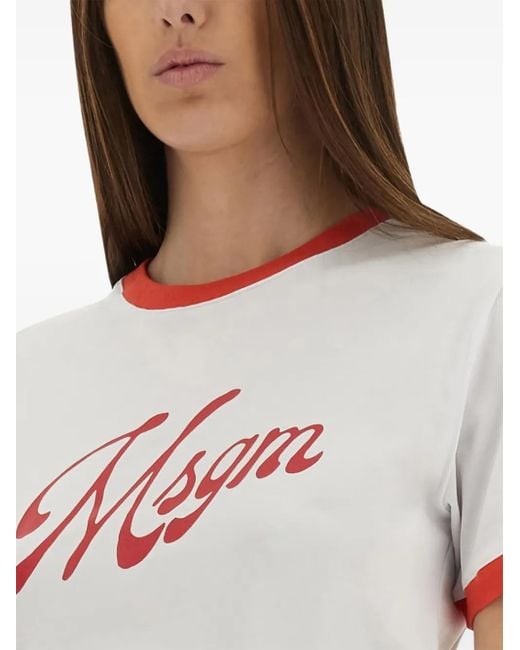 MSGM White Contrast-Trim Logo-Print T-Shirt