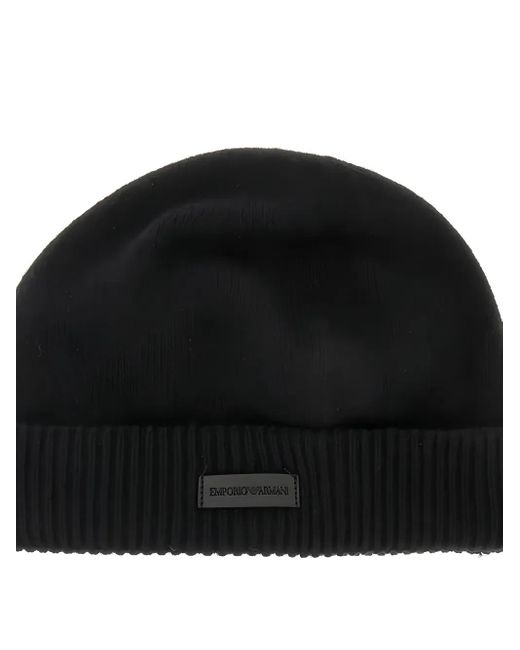 Emporio Armani Black Logo-Patch Beanie Hat for men