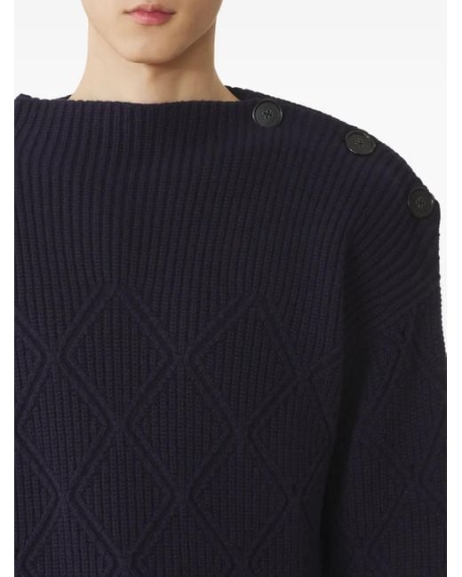 Lanvin Blue Diamond-Pattern Buttoned-Shoulder Sweater for men