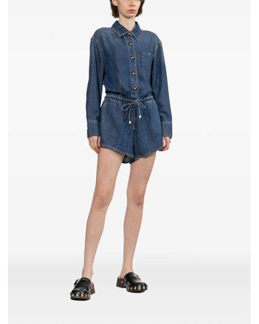 Self-Portrait Blue Drawstring-Waist Button-Front Playsuit