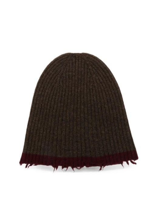 Uma Wang Brown Ribbed-Knit Frayed Beanie Hat