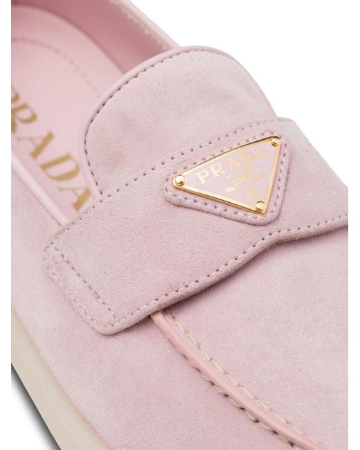 Prada Pink Enamel Triangle-logo Leather Loafers