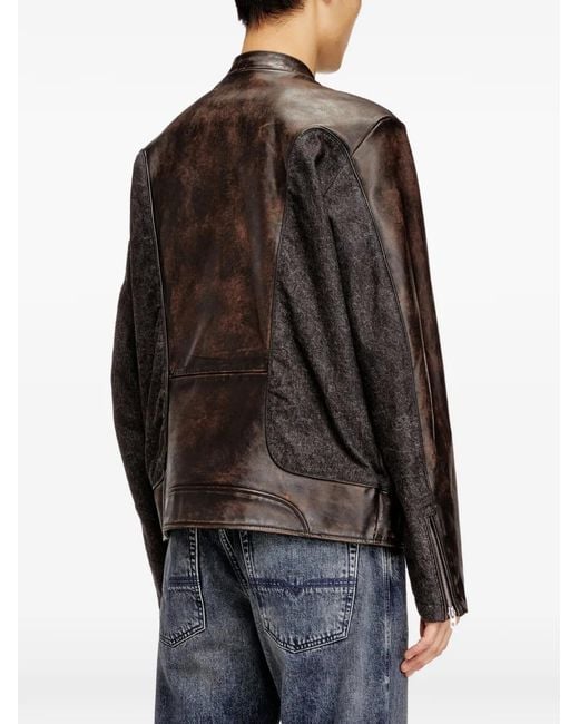 DIESEL Brown L-Krill-Dnm Panelled Leather Jacket for men