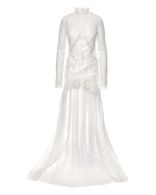 Ana Radu White Lace-Patterned Long-Sleeve Gown