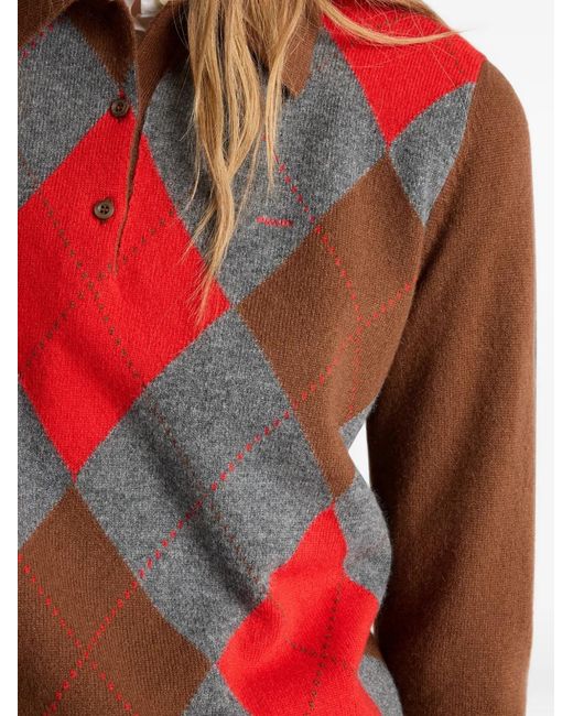 Prada Red Argyle Cashmere Polo Sweater
