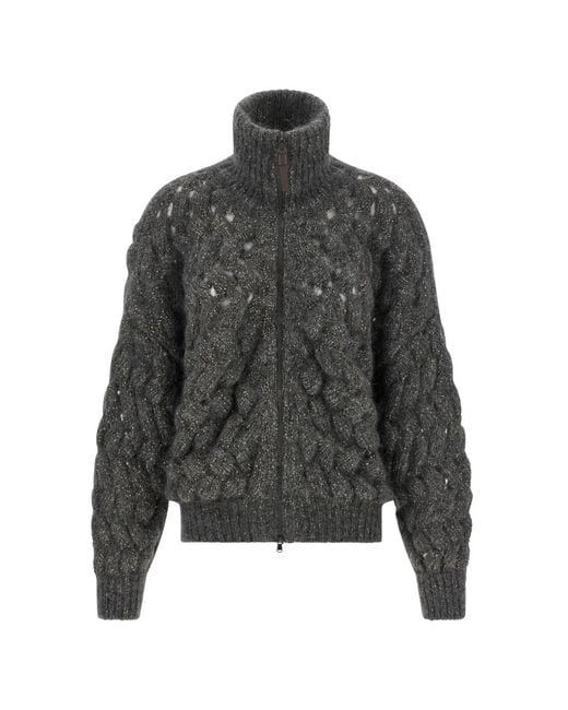 Brunello Cucinelli Gray Dazzling Waves Sequin-Embellished Cardigan