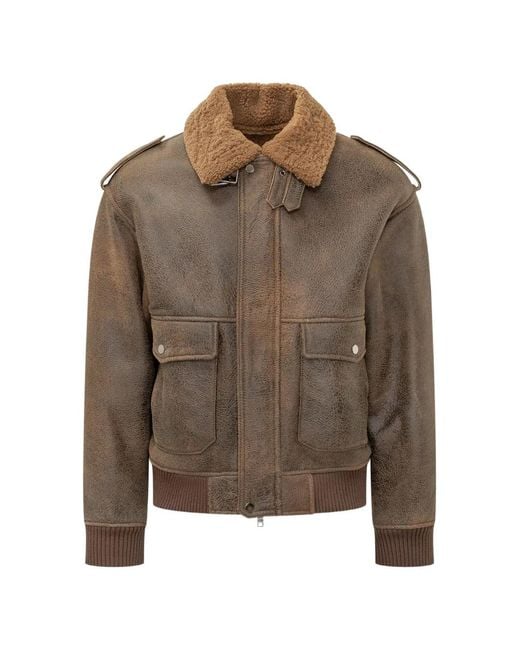 DFOUR® Brown Shearling-Collar Epaulette Jacket for men