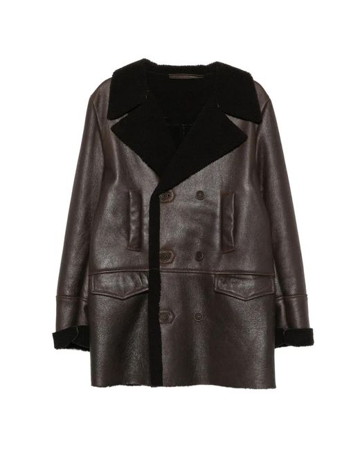 Salvatore Santoro Black Double-Breasted Shearling-Collar Coat for men