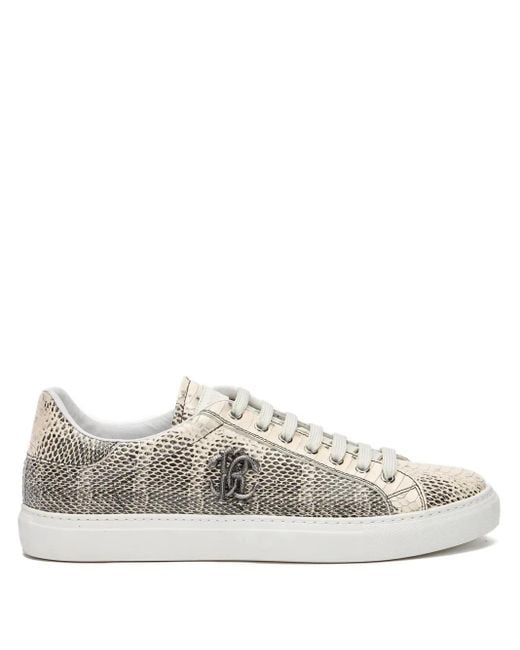 Roberto Cavalli White Snake-Effect Leather Sneakers for men