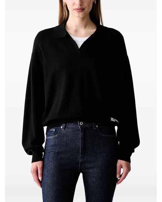 Karl Lagerfeld Black Logo-Embroidered Polo-Collar Sweater