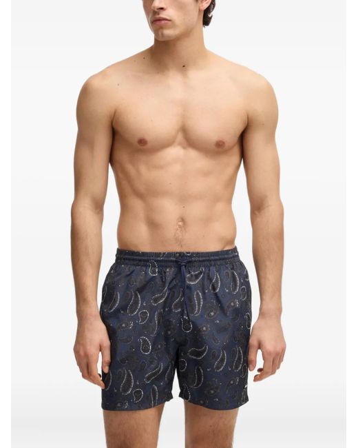 Boss Blue Paisley-Print Swim Shorts for men