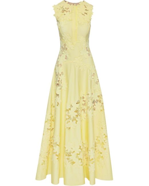 Oscar de la Renta Yellow Floral Applique Midi Dress