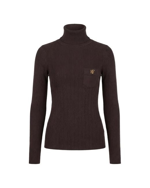Elisabetta Franchi Brown Ribbed-Knit Logo Turtleneck Sweater