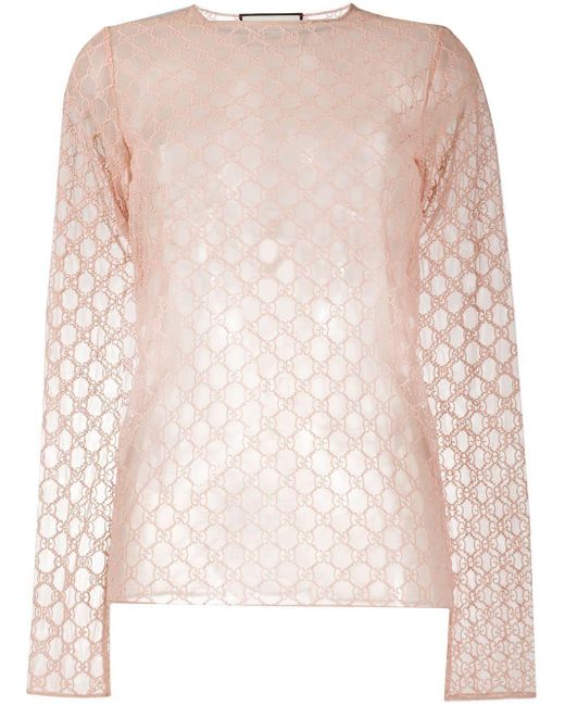 Gucci Pink GG-embroidered Sheer Top