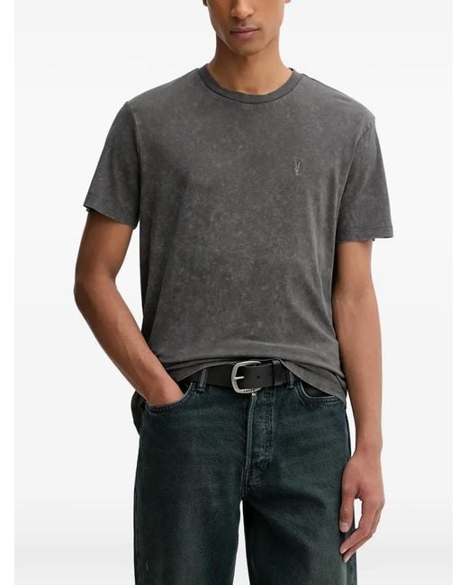 AllSaints Gray Saka Acid-Wash Ramskull-Embroidered T-Shirt for men