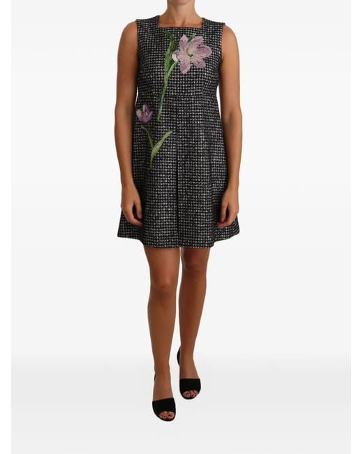 Dolce & Gabbana Black Floral-Appliqué Houndstooth Mini Dress