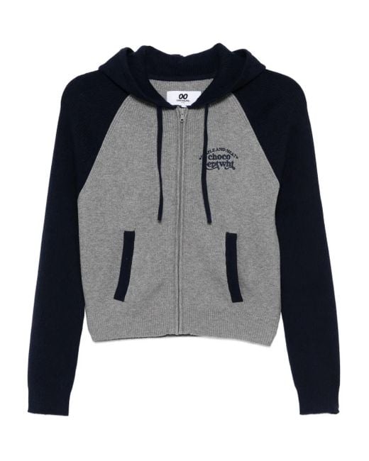 Chocoolate Blue Embroidered-Slogan Hooded Cardigan