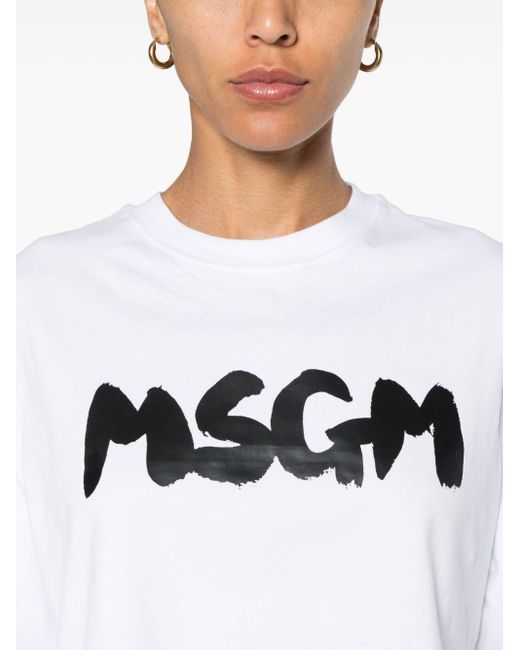 MSGM White Logo-print Cropped T-shirt