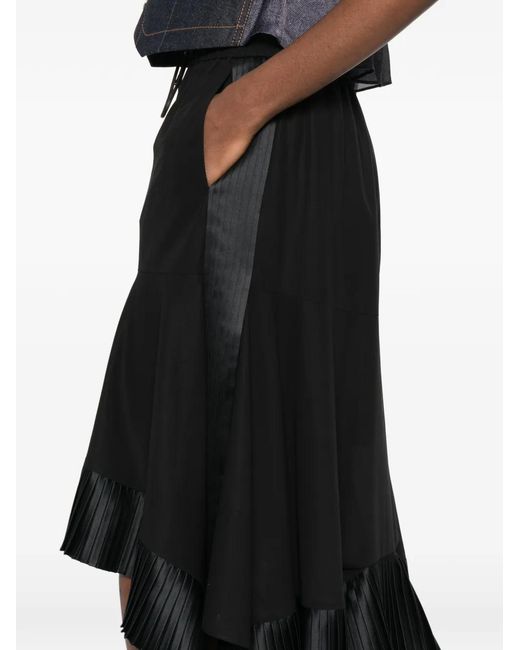 Sacai Black Asymmetric Pleated Skirt