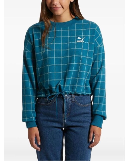 PUMA Blue Grid-Pattern Drawstring-Hem Sweatshirt