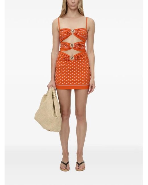Christopher Esber Orange Ruched Orbit Bandana-Print Mini Dress