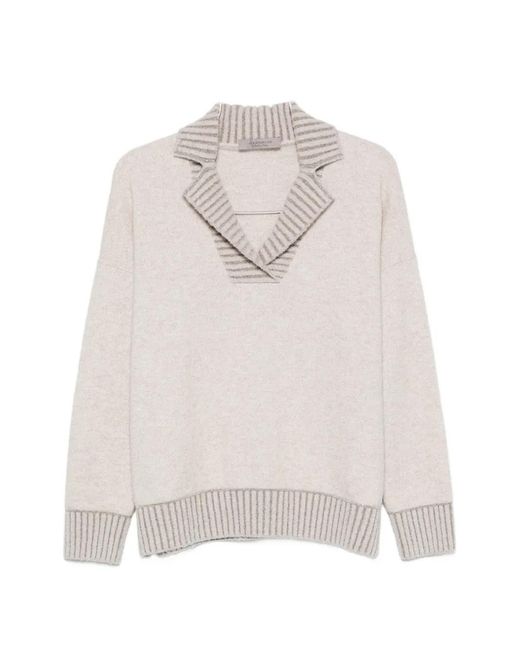 D.exterior White Striped-Trim Spread-Collar Sweater