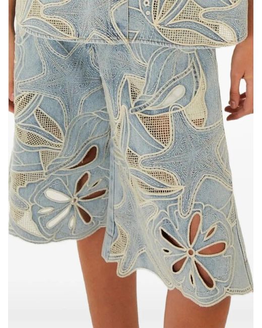 Farm Rio Blue Denim Sea Desire Embroidered Bermuda Shorts