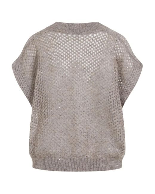 Brunello Cucinelli Gray Mesh V-Neck Sweater