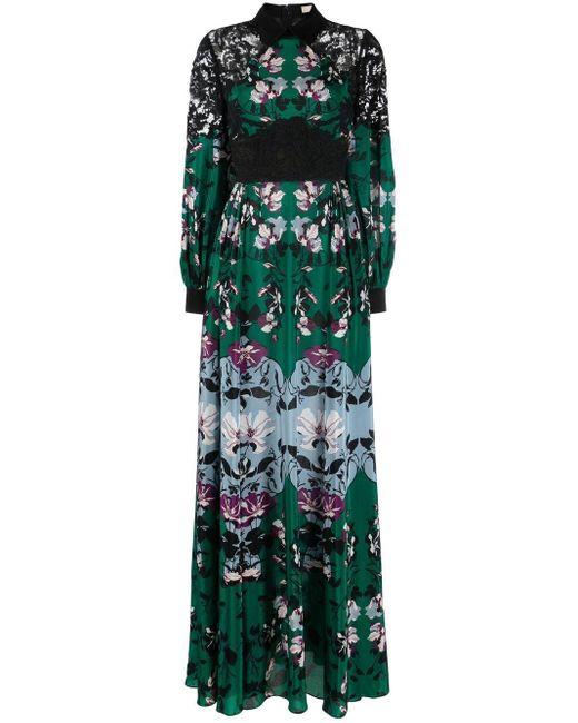Elie Saab Green Floral-print Lace-panelled Dress