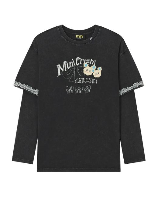 Mini Cream Black Lace Trim Long-Sleeve Top