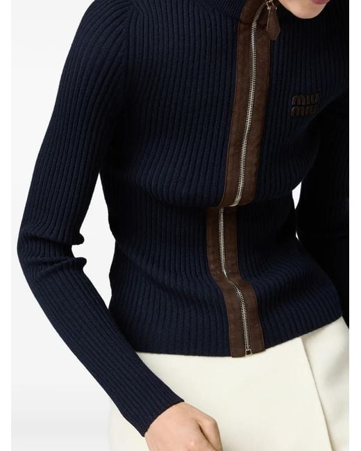 Miu Miu Blue Cashmere And Leather Zipper Cardigan