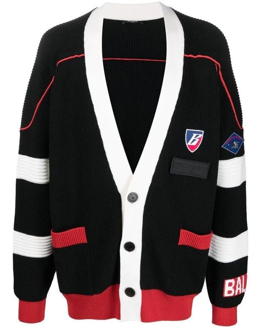 Balmain Black Logo-Patch V-Neck Cardigan for men
