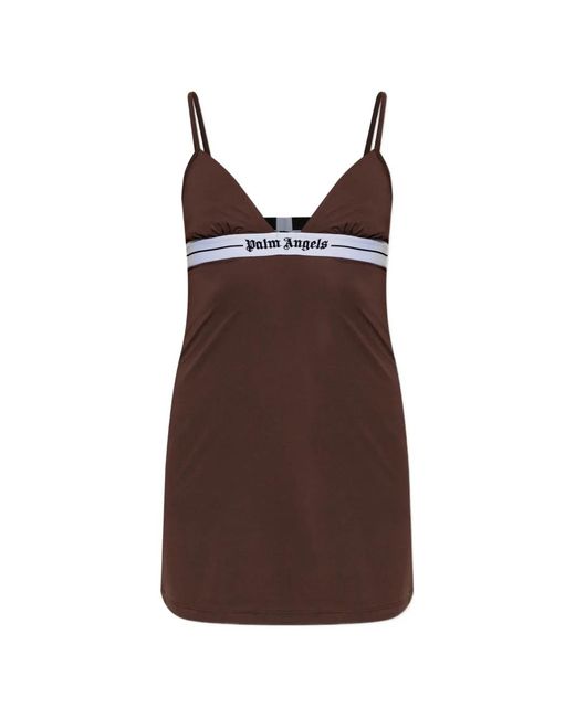 Palm Angels Brown Logo-Tape Slip Mini Dress