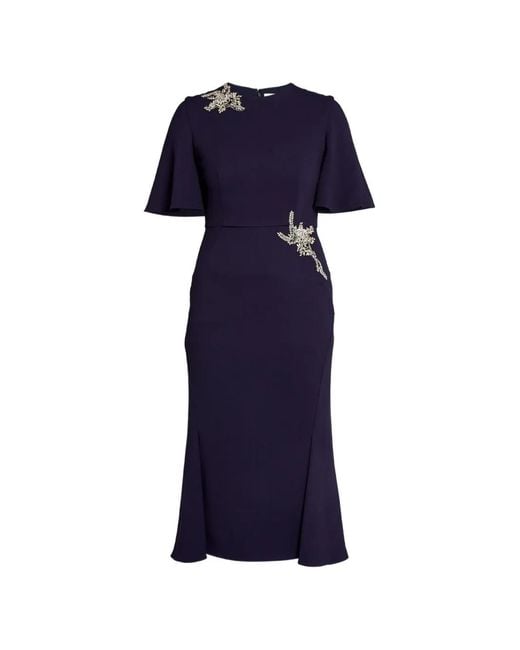 Erdem Blue Embellished Flutter-Sleeves Midi Dress