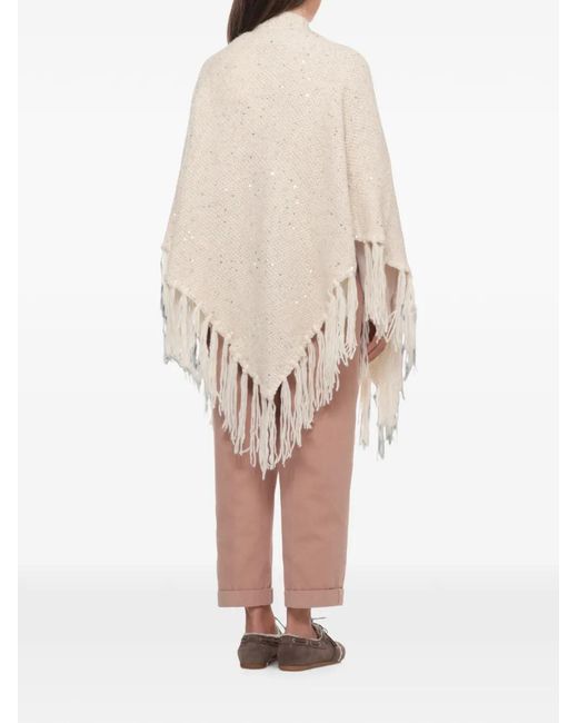 Peserico White Sequin-Embellished Fringed Cape