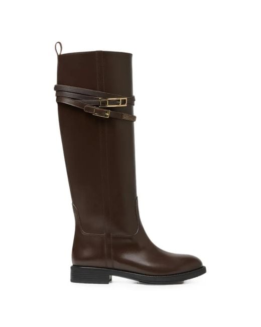 Fabiana Filippi Brown Buckle-Strap Leather Knee-High Boots