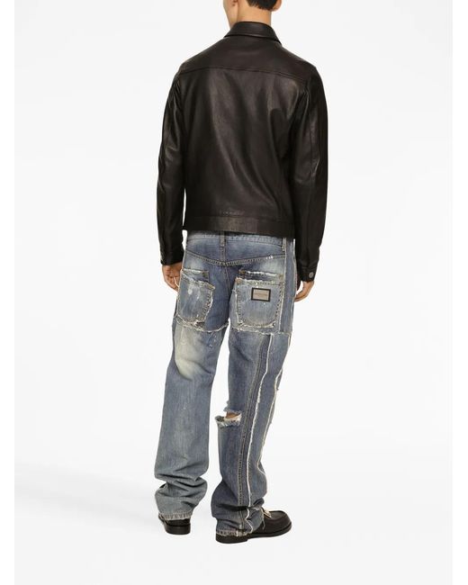 Dolce & Gabbana Black Collared Leather Coat for men