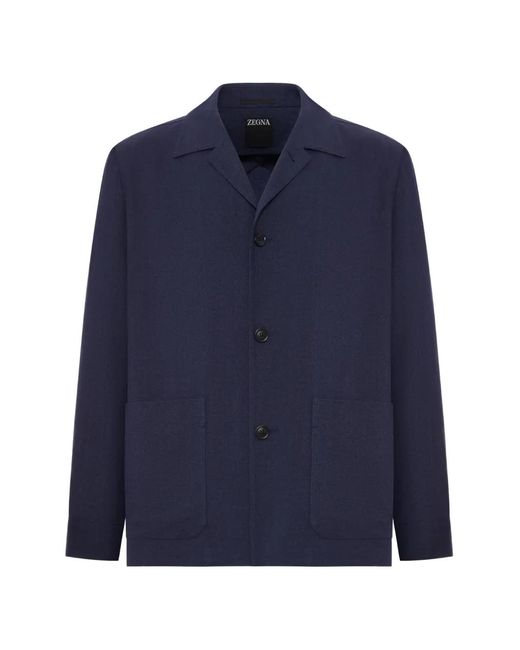Zegna Blue Linen Patch-Pocket Jacket for men