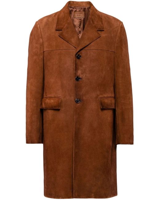 Prada Brown Single-breasted Suede Leather Coat for men