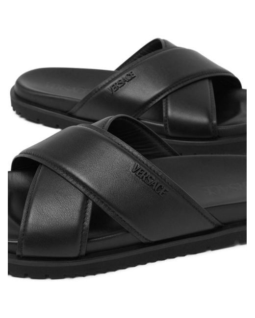 Versace Leren Slippers Met Logo in het Black voor heren