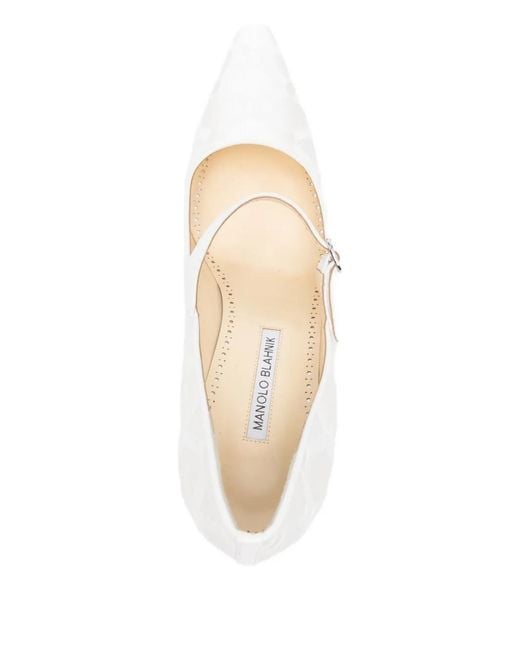Manolo Blahnik White Aleka Geometric-Pattern Strap Pumps