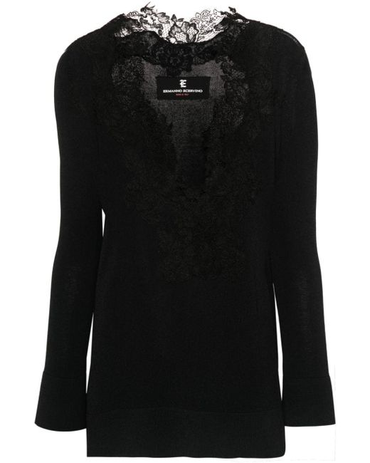 Ermanno Scervino Black Lace-trim Knitted T-shirt