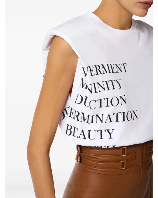 Elisabetta Franchi White Lettering-Print Jersey Sleeveless T-Shirt