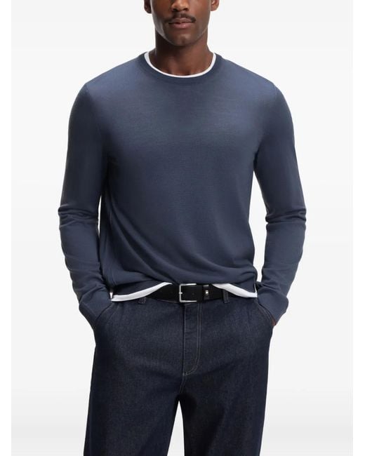 Boss Blue Crew-Neck Wool Pullover for men