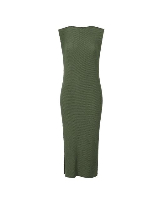 Issey Miyake Green Rhombus Pleated Sleeveless Midi Dress