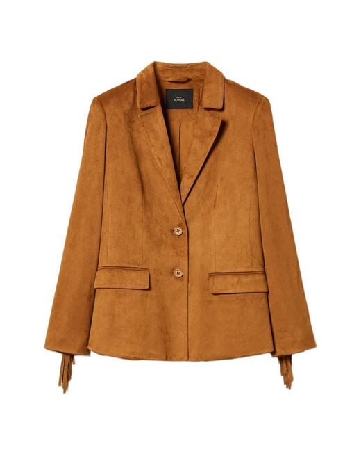 Twinset Brown Faux-Suede Blazer With Fringes